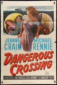 9f177 DANGEROUS CROSSING 1sh '53 artwork of very sexy Jeanne Crain in nightie, Michael Rennie!