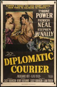 9f201 DIPLOMATIC COURIER 1sh '52 cool art of Patricia Neal pulling a gun on shirtless Tyrone Power!