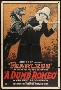 9f221 DUMB ROMEO 1sh '26 great art of Fearless the Great Police Dog Detective jumping at woman!