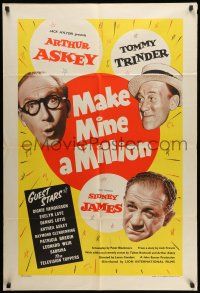 9f548 MAKE MINE A MILLION English 1sh '59 Lance Comfort, Arthur Askey, Sabrina, English comedy!