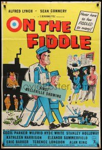9f667 ON THE FIDDLE English 1sh '65 cartoon art of young Sean Connery & Lynch in military uniform!