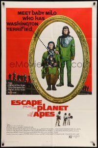 9f240 ESCAPE FROM THE PLANET OF THE APES 1sh '71 meet Baby Milo who has Washington terrified!