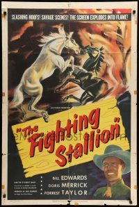 9f269 FIGHTING STALLION 1sh '50 cool wild horse fight artwork, the screen explodes into flame!