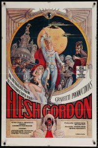 9f278 FLESH GORDON 1sh '74 sexy sci-fi spoof, wacky erotic super hero art by George Barr!