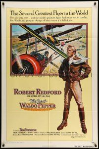 9f332 GREAT WALDO PEPPER 1sh '75 Robert Redford, aviation art on yellow background by Gary Meyer!