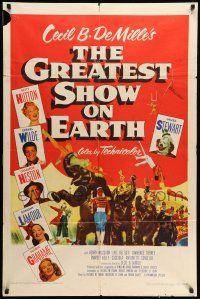 9f336 GREATEST SHOW ON EARTH 1sh '52 best image of James Stewart, Betty Hutton & Emmett Kelly!