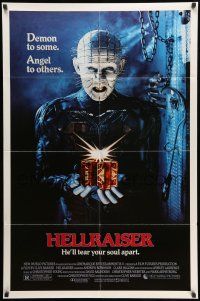 9f371 HELLRAISER 1sh '87 Clive Barker horror, great image of Pinhead, he'll tear your soul apart!