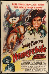 9f387 HONEYCHILE 1sh '51 wonderful artwork of cowgirl Judy Canova on horse by Al Hirschfeld!