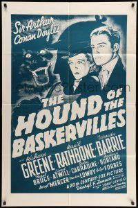 9f392 HOUND OF THE BASKERVILLES 1sh R70s Basil Rathbone as Sherlock Holmes, cool art!