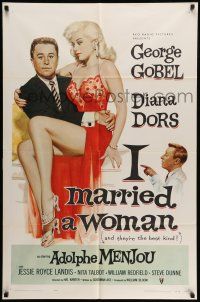 9f406 I MARRIED A WOMAN 1sh '58 artwork of sexiest Diana Dors sitting in George Gobel's lap!