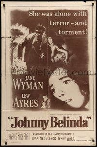9f450 JOHNNY BELINDA 1sh R56 Jane Wyman was alone with terror and torment, Lew Ayres!