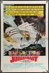 9f457 JUGGERNAUT 1sh '74 Richard Harris, art of ocean liner under attack by Bob McCall!