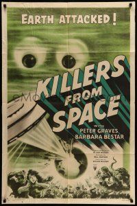 9f473 KILLERS FROM SPACE style A 1sh '54 bulb-eyed men invade Earth from flying saucers, cool art!