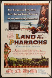9f490 LAND OF THE PHARAOHS 1sh '55 art of sexy Egyptian Joan Collins by pyramids, Howard Hawks