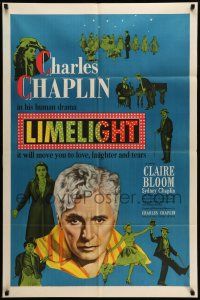 9f509 LIMELIGHT 1sh '52 many images of aging Charlie Chaplin & pretty young Claire Bloom!
