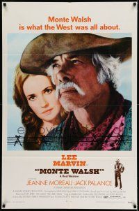 9f606 MONTE WALSH 1sh '70 cowboy Lee Marvin & pretty Jeanne Moreau, cool orange credit design!