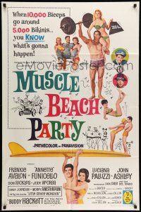 9f619 MUSCLE BEACH PARTY 1sh '64 Frankie & Annette, 10,000 biceps & 5,000 bikinis!