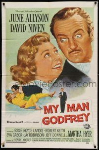 9f624 MY MAN GODFREY 1sh '57 close up artwork of June Allyson & butler David Niven!