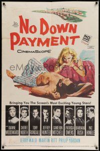 9f644 NO DOWN PAYMENT 1sh '57 Joanne Woodward, daring art of unfaithful sexy suburban couple!