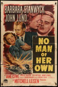 9f646 NO MAN OF HER OWN 1sh '50 Barbara Stanwyck, cool artwork of exploding train!