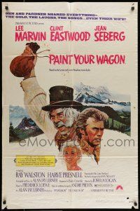 9f687 PAINT YOUR WAGON 1sh '69 art of Clint Eastwood, Lee Marvin & pretty Jean Seberg!