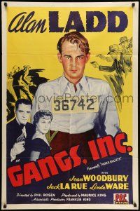 9f693 PAPER BULLETS 1sh R1943 cool stone litho of Alan Ladd, who is now top billed, Gangs, Inc!
