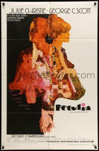 9f707 PETULIA 1sh '68 cool artwork of pretty Julie Christie & George C. Scott by Bob Peak!