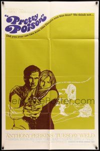 9f725 PRETTY POISON 1sh '68 cool artwork of psycho Anthony Perkins & crazy Tuesday Weld!