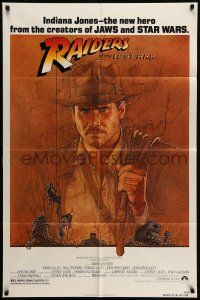 9f739 RAIDERS OF THE LOST ARK 1sh '81 great art of adventurer Harrison Ford by Richard Amsel!