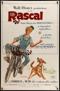 9f741 RASCAL 1sh '69 Walt Disney, great art of Bill Mumy on bike with raccoon & dog!