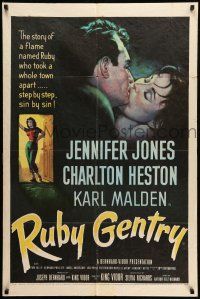 9f761 RUBY GENTRY 1sh '53 art of super sleazy bad girl Jennifer Jones kissing Charlton Heston!