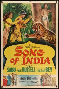 9f809 SONG OF INDIA 1sh '49 Sabu watches Gail Russell & Turhan Bey attack tiger!