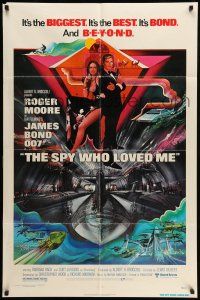9f822 SPY WHO LOVED ME 1sh '77 cool art of Roger Moore as James Bond by Bob Peak!