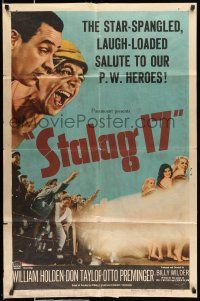 9f824 STALAG 17 1sh '53 William Holden, Robert Strauss, Billy Wilder WWII POW classic!