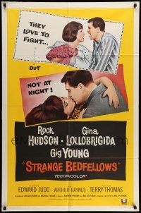 9f836 STRANGE BEDFELLOWS 1sh '65 Gina Lollobrigida & Rock Hudson love to fight, but not at night!