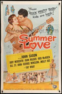 9f842 SUMMER LOVE 1sh '58 very young John Saxon plays guitar with pretty girl on beach!