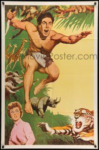 9f861 TARZAN 1sh '60s cool jungle action art of Tarzan, Jane & wild animals!