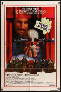 9f874 THEATRE OF BLOOD 1sh '73 great art of Vincent Price holding bloody skull w/dead audience!