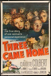 9f885 THREE CAME HOME 1sh '49 artwork of Claudette Colbert & prison women without their men!