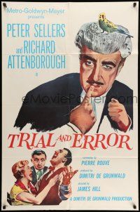 9f905 TRIAL & ERROR 1sh '63 wacky art of Peter Sellers wearing wig with a bird on his head!