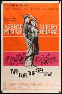 9f908 TWO FOR THE SEESAW 1sh '62 art of Robert Mitchum & sexy beatnik Shirley MacLaine by Hooks!