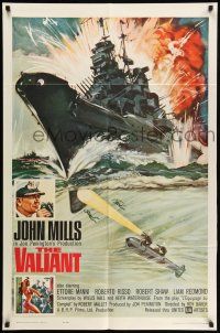 9f923 VALIANT 1sh '62 John Mills, cool artwork of World War II battleship!