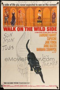 9f938 WALK ON THE WILD SIDE 1sh '62 cool artwork of black cat on stairs & sexy stars on balcony!