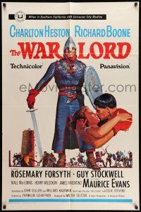 9f944 WAR LORD 1sh '65 Charlton Heston all decked out in armor with sword by Howard Terpning!