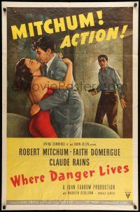 9f958 WHERE DANGER LIVES style A 1sh '50 Robert Mitchum holding Faith Domergue + Rains w/gun