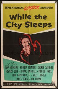 9f962 WHILE THE CITY SLEEPS style A 1sh '56 great image of Lipstick Killer's victim, Fritz Lang!