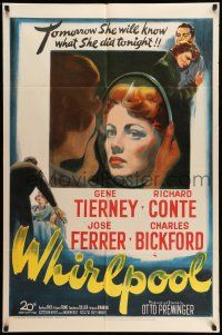 9f963 WHIRLPOOL 1sh '50 tomorrow Gene Tierney will know what she did tonight!