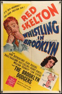 9f964 WHISTLING IN BROOKLYN style C 1sh '43 Red Skelton & art of Brooklyn Dodgers baseball players!