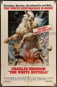 9f965 WHITE BUFFALO 1sh '77 Charles Bronson, great Boris Vallejo action art of giant buffalo!
