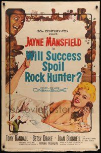 9f975 WILL SUCCESS SPOIL ROCK HUNTER 1sh '57 art of sexy Jayne Mansfield wearing only a sheet!